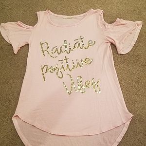 Cold shoulder pink with gold lettering t shirt.